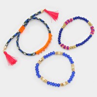 Electric Blue Tassel Charm Neon Beaded Multi-strand Bracelet Set